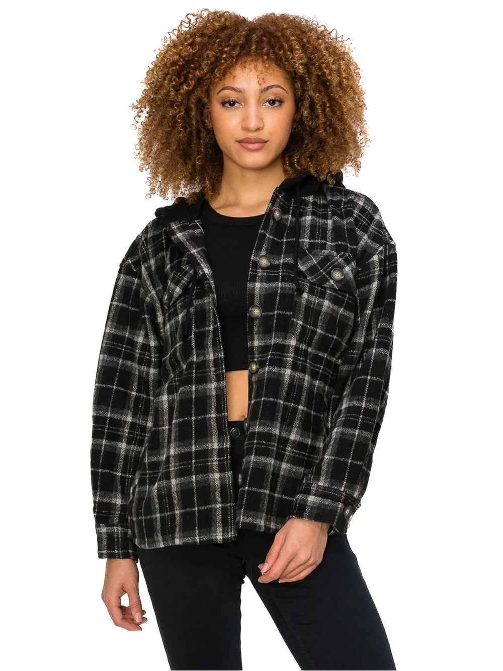 NWOT Cali 1850 Plait Flannel Oversized Hoodie Shacket Button Down Boyfriend Fit